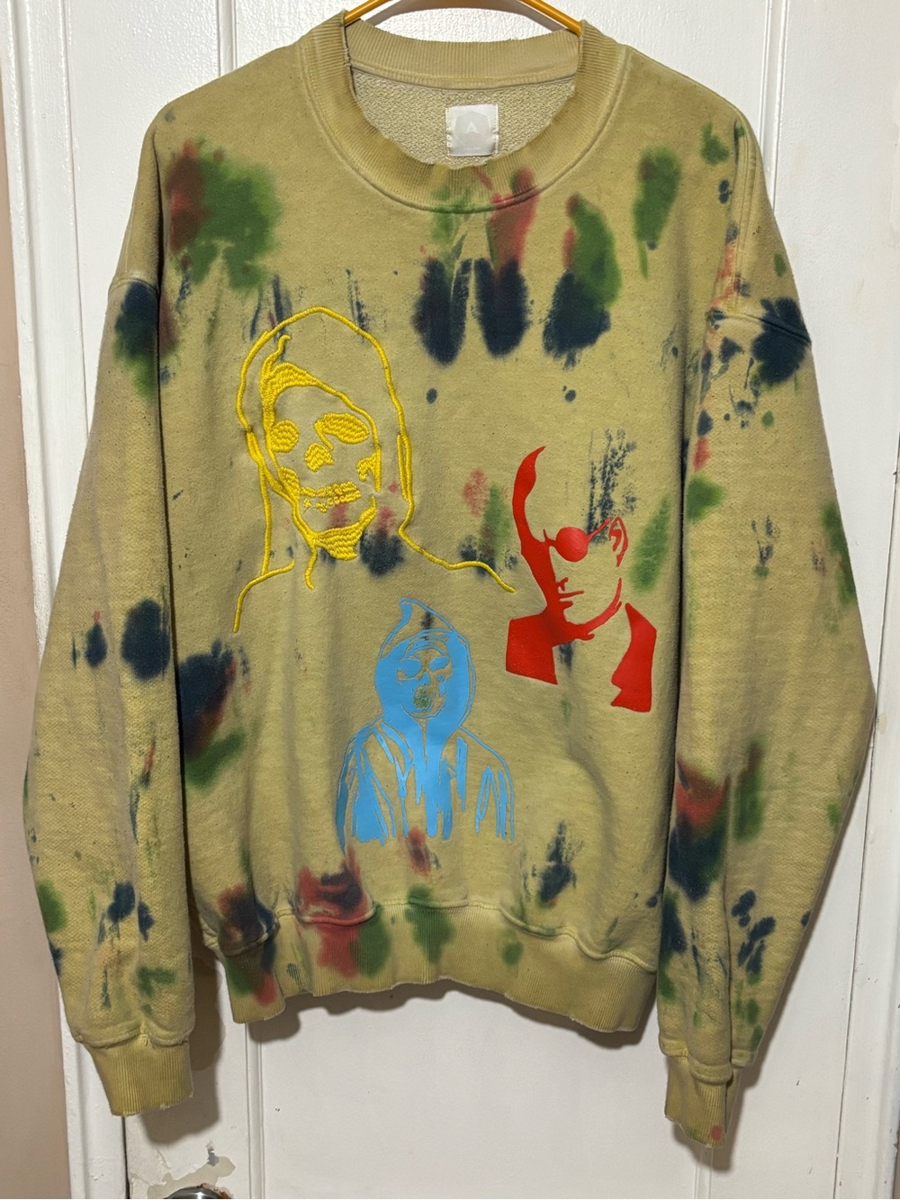 ALCHEMIST MIAMI Men's Olive Tie-Dye Graphic Sweatshirt with Red & Blue Prints.